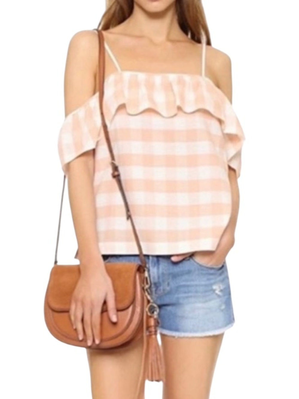 Club Monaco Peach and White Gingham Ruffle Off-The-Shoulder Tank Top Size Small